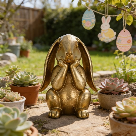 3D Printed Easter Golden Rabbit Figurine, Vintage Easter Decor, Easter Decor, Gold Bunny Decor, Festive Easter Table Topper, Cute Farmhouse Decor for Desks and Mantels, 7.9in/20cm, B