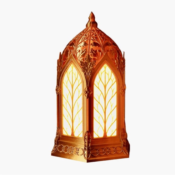 3D Printed Elven Sanctuary Lamp - Ornate Arch Tree Silhouette Accent Table Lamp, Vintage Carved Metal Frame Warm Glow Night Light for Fantasy Themed Indoor Decoration Display