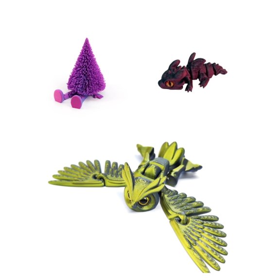 3D Printed Fantasy Owl Dragon And Festive Tree For Unique Home Office Decor