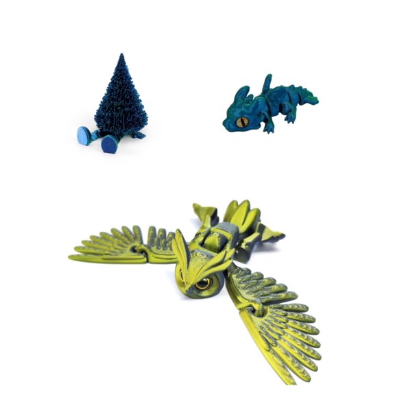 3D Printed Fantasy Owl Dragon And Festive Tree For Unique Home Office Decor