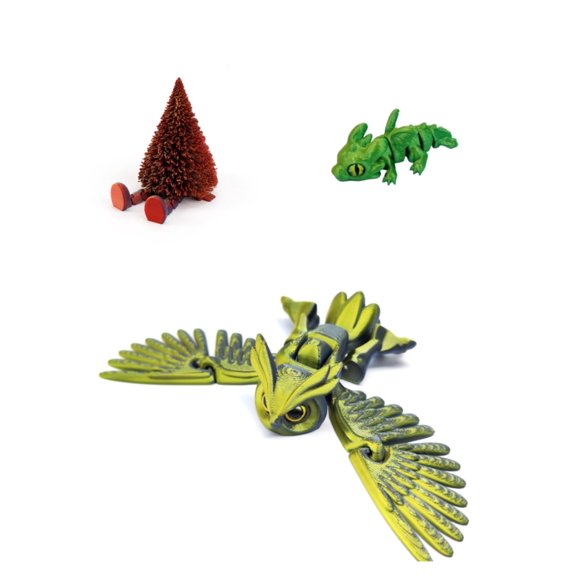 3D Printed Fantasy Owl Dragon And Festive Tree For Unique Home Office Decor