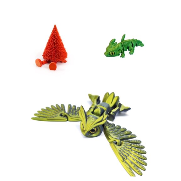 3D Printed Fantasy Owl Dragon And Festive Tree For Unique Home Office Decor