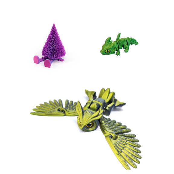 3D Printed Fantasy Owl Dragon And Festive Tree For Unique Home Office Decor