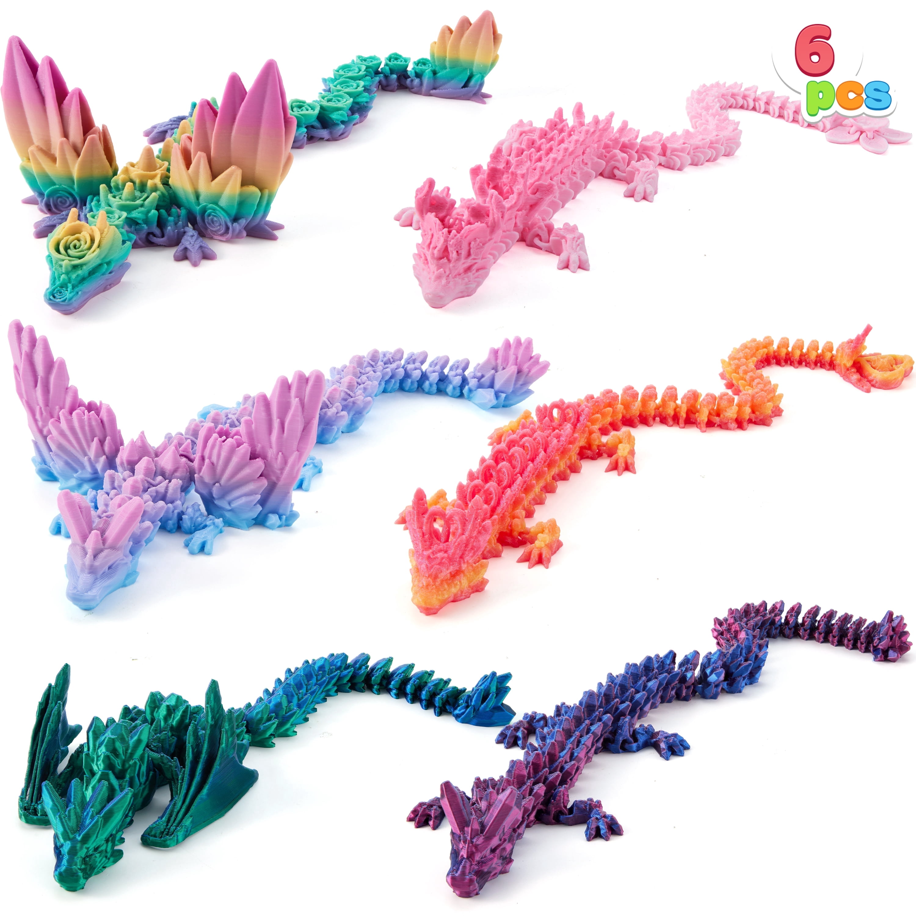 Joyfy 6 Pcs 3D Printed Dragon Fidget Toys, Articulated Crystal Dragon Toys, Party Favors for Kids, Bulk Gifts for Birthday, Office Desk Decor