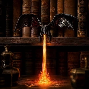 3D Printed Fire‑Breathing Dragon Shelf Decor Lamp, Spooky Gothic Halloween Ornament, Battery Operated Button Cell Powered Fantasy Medieval Dragon Statue for Bookshelf Tabletop Indoor Home Party Decor