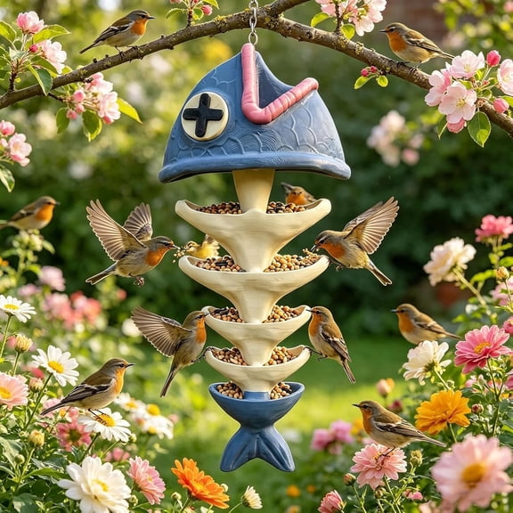 Unique 3D Printed Multi Tier Wild Bird Feeder, Novelty Fish Bone Hanging Bird Feeder, Fish Skeleton Design Outdoor Hanging Feeders Tray, Weatherproof Decorative Garden Decor for Yard(Q)