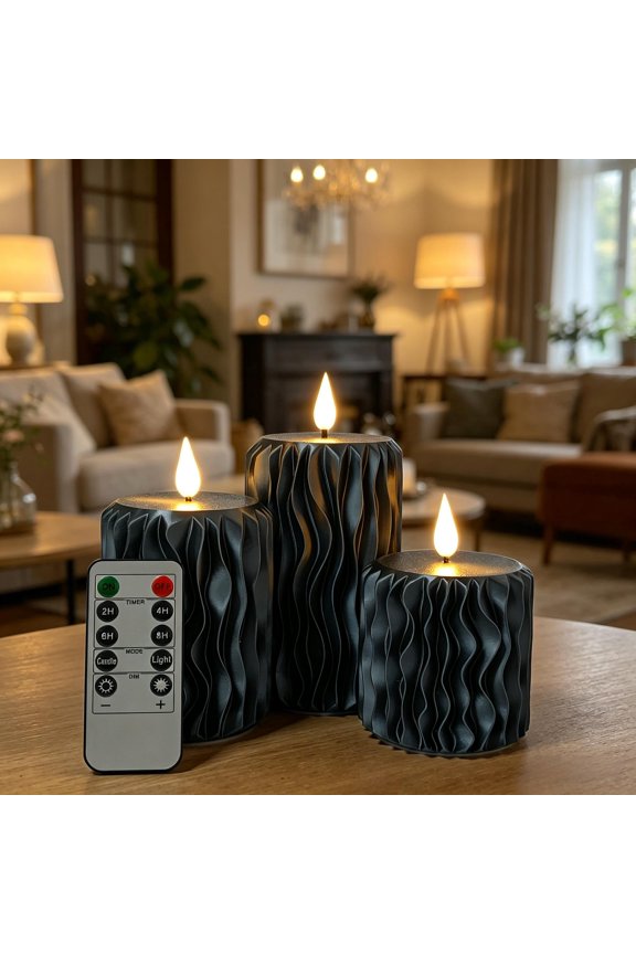 3D Printed Flameless LED Candles Set of 3 | PLA Candlesticks with Remote & Timer | Wedding Decor, Housewarming Gift for Her