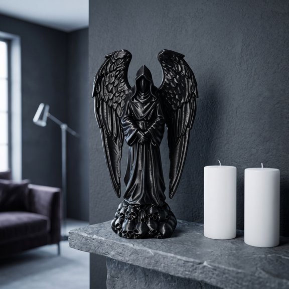 3D Printed Gothic Faceless Hooded Statue with Feathered Wings & Textured Robe, Dark Decor Sculpture for Halloween, Altar, Bookshelf, Witchcraft & Gothic Home Decor