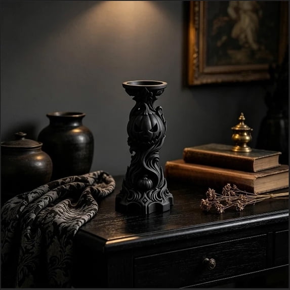 3D Printed Halloween Carved Pumpkin Candlestick Holder, Gothic Pumpkin Black Candle Holder Statue, for Mantel, Party and Home Decor, 5.9 inch