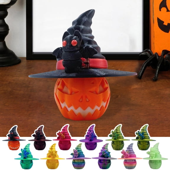 3D Printed Halloween Pumpkin Figurine Colorful Bat Witch Hat Pumpkin Head Fidget Toy Home Office Desktop Decoration Party Ornament