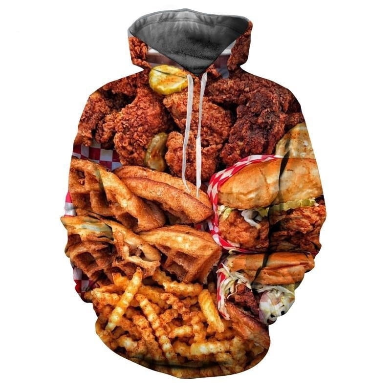 3D Printed Hamburger French Fries Hoodie For Men Funny Fast Food Pattern Long Sleeves Casual