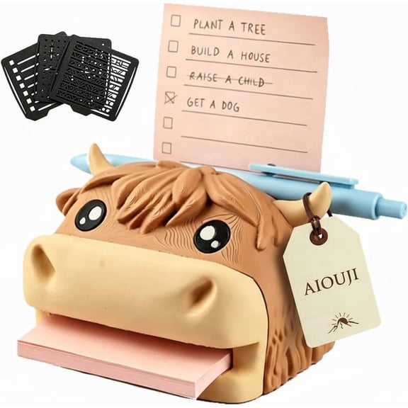 3D Printed Highland Cow Sticky Note Holder 3 X 3 Inch Desk Organizer with 3 Reusable Stencils Template Cute Pen Rest Memo Pad Dispenser for Office Workers Students Highland Cow Lovers