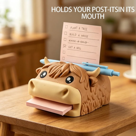 3D Printed Highland Cow Sticky Note Holder 3 X 3 Inch Desk Organizer with 3 Reusable Stencils Template Cute Pen Rest Memo Pad Dispenser for Office Workers
