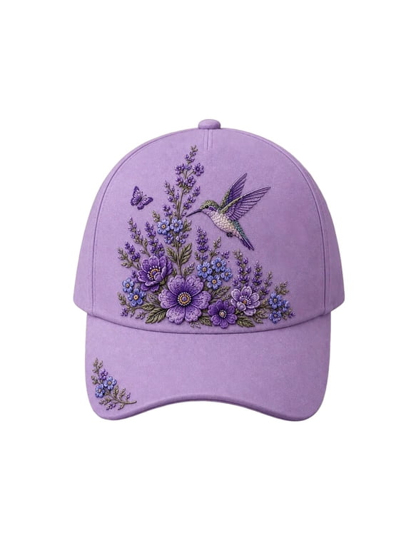 3D Printed Hummingbird Flower Baseball Cap, Distressed Adjustable Sun Hat Hat, Purple Vintage Cap for Daily Wear, Unisex Retro Trucker Hat, Floral Embroidery Cotton Cap