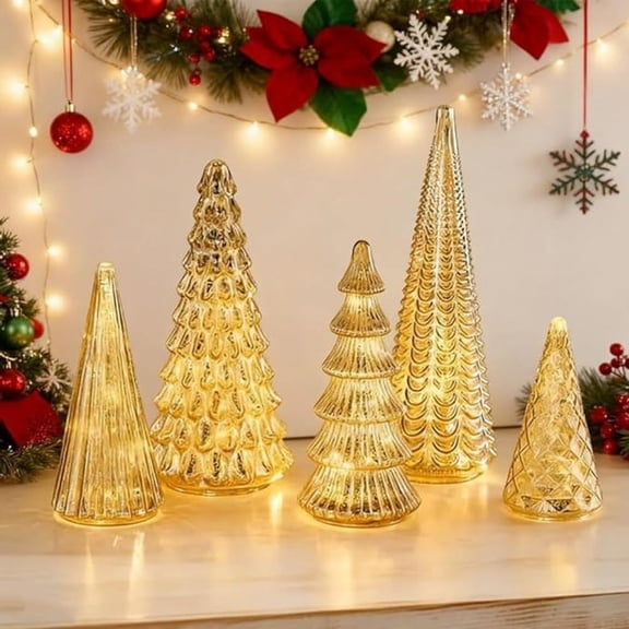 3D Printed Illuminated Mercury Glass Christmas Trees - Set of 3 Modern Holiday Tabletop Decor, Battery Operated LED Lighted Centerpiece for Home, Mantel, and Office