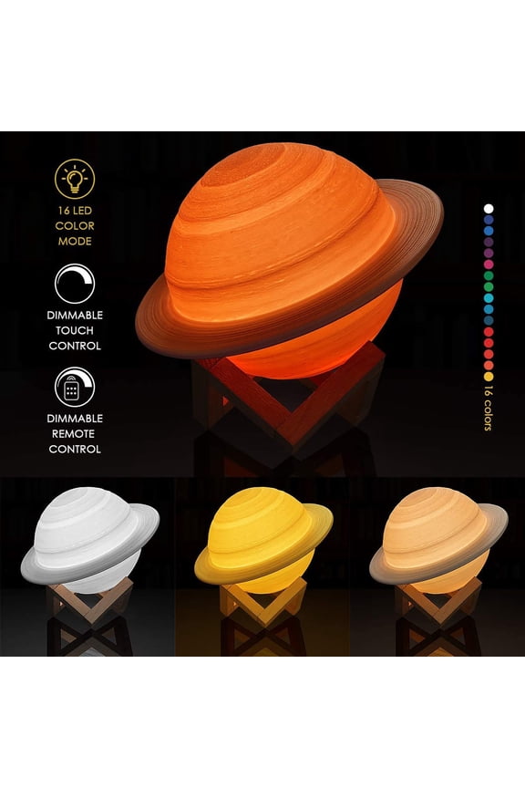 3D Printed LED Saturn Lamp Night Light W/ Remote&Stand, 16 Colors 4 Modes, USB Rechargeable Safe Soft Light, Timing Dimmable, For Home Nursery Bedroom Decor Kids Gift Christmas Halloween