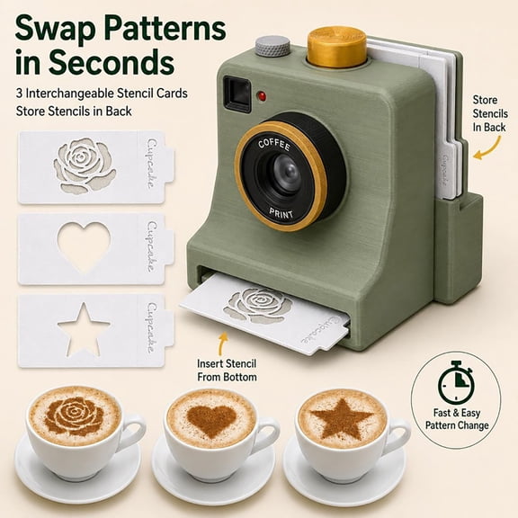 3D Printed Latte Art Camera, Includes Coffee Latte Art Cards Reusable One-Click Latte Art Camera, for Cocoa Cinnamon Matcha Sugar, Manual Coffee Powder Decorator, for Home Kitchen Gift