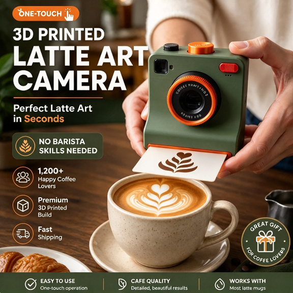 3D Printed Latte Art Camera, Manual Coffee Powder Printer with Multiple Stencil Cards, Mechanical Coffee Stencil Maker for Cappuccino, Hot Chocolate, Desserts, Home Cafe