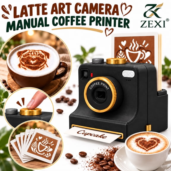 3D Printed Latte Art Camera, Manual Coffee Powder Printer with Multiple Stencil Cards, Mechanical Coffee Stencil Maker for Cappuccino, Hot Chocolate, Home Cafe