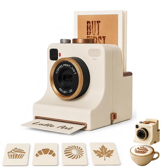 3D Printed Latte Art Camera, One Touch Coffee Stencil Printer with Interchangeable Stencil Cards, Manual Latte Art Maker for Cappuccino, Milk Foam, Hot Chocolate and Desserts, Home Cafe