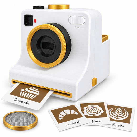 3D Printed Latte Art Coffee Printer, Manual Powder Stencil Maker with 4 or 30 Stencils and 2 Mesh Filters for Cappuccino, Cocoa, Hot Chocolate, Desserts and Home Cafe