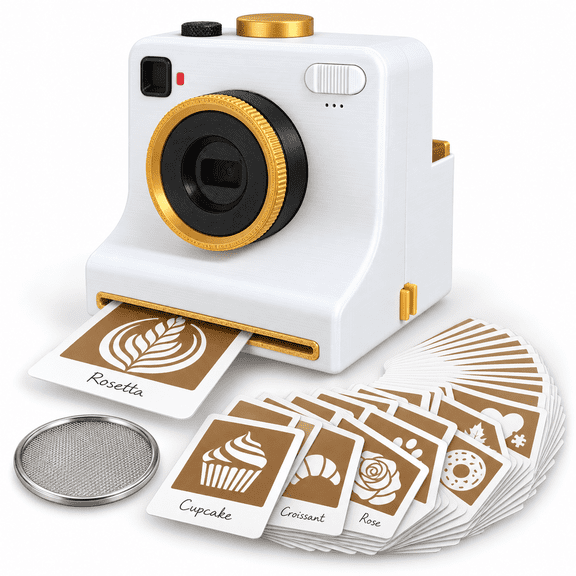 3D Printed Latte Art Coffee Printer, Manual Powder Stencil Maker with 4 or 30 Stencils and 2 Mesh Filters for Cappuccino, Cocoa, Hot Chocolate, Desserts and Home Cafe