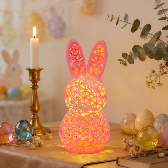 3D Printed Lighted Easter Bunny Lamp Hollow Out Rabbit Figurine with LED Illumination for Table Desk Bookshelf Decor Home Office Bedroom Living Room Night Light (Pink)
