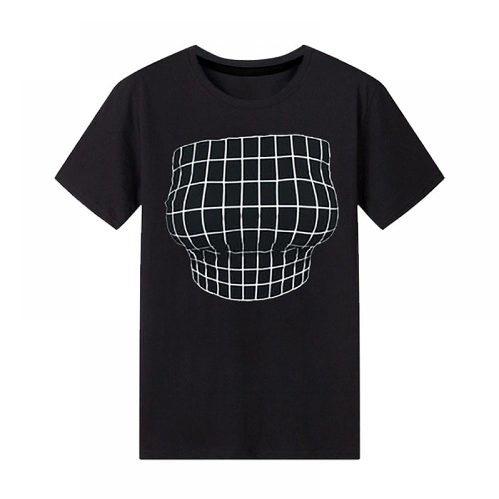 3D Printed Magnified Chest Optical Illusion Grid Crewneck Short Sleeve T- Shirt Tees Tops for Women Big Boobs Illusion Womens Summer Tops 