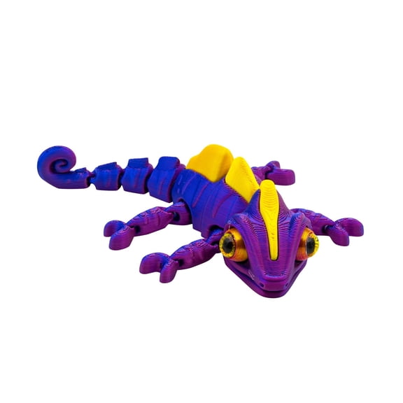 3D Printed Multi-Color Articulated Chameleon Figurine Desktop Decor Realistic Eyes, Precision Engineered Reptile Model for Modern Interior Design Purple