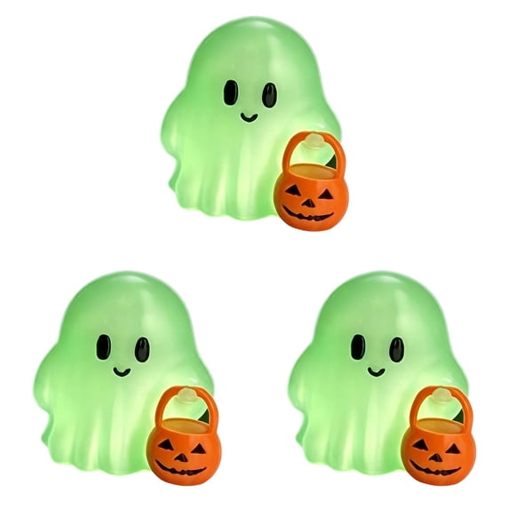 3D Printed Plastic Ghost Figurine,3Pc Glow‑in‑the‑Dark Ghost Tabletop Statue, Halloween Ghost Decor, Mini Ghost Ornament with Pumpkin Bucket, Cute Ghost Desktop Decoration for Mantel, Shelf