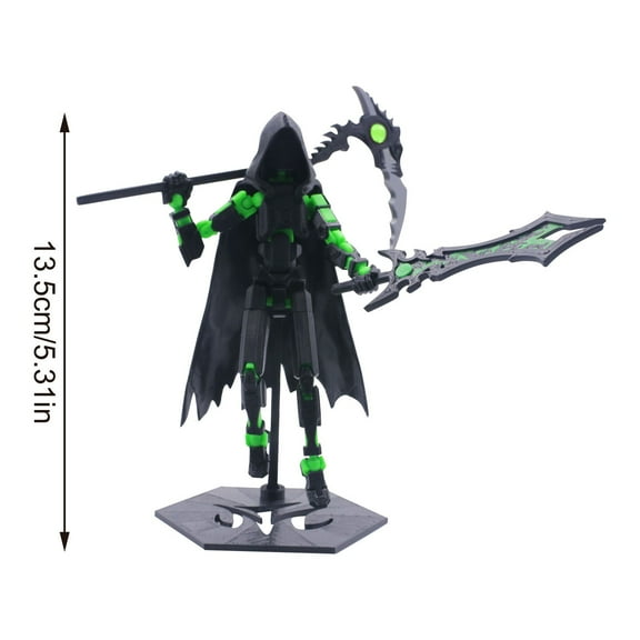 3D Printed Poseable Action Figure, Grim Reaper with Cloak T13 Model for Collectors, Green Color Desktop Display Statue for Adults and All Ages