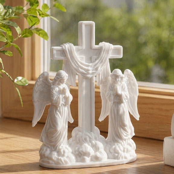 3D Printed Praying Angel Ornament, Dual Angels with Flowing Cloud Base, Sacred White Sculpture for Desk Prayer Table Home Office, Gift Baptism Souvenir