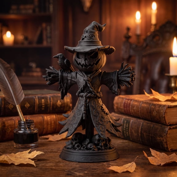 3D Printed Pumpkin Scarecrow Statue, Gothic Miniature Figurine with Crow & Skulls, Hand-Sanded Matte Plastic Halloween Tabletop Decor for Shelf Mantel Desk, Painting Prop for Dark Goth Home Styling