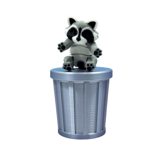 3D Printed Racoon with Trash Can, Articulated Racoon Fidget for ADHD Autism, Gray, Black and White Trashcan Raccoon, Trash Panda, (Medium - 4.3 Inches)