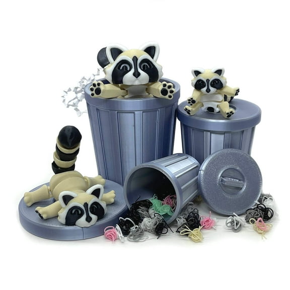 3pcs Articulated Racoon with Trashcan, 3D Printed Cookies and Cream Trash Panda Racoons Tiny Animal Figures, Fidget ADHD Autism Toy AR005-SET