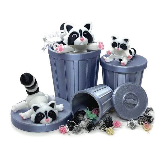 3D Printed Racoon with Trashcan, Articulated Albino Trash Panda Racoons, Tiny Fidget Animal Figures, Fidget ADHD Autism Toy AR003-SET