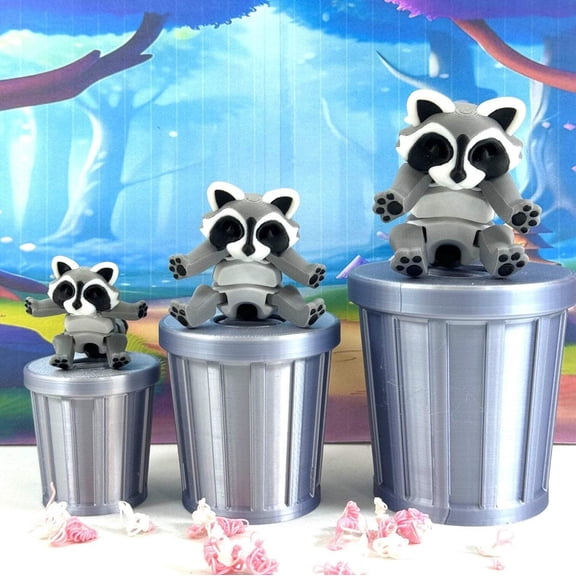3D Printed Racoon with Trashcan, Articulated Gray and Black Trash Panda Racoons, Tiny Fidget Animal Figures, Fidget ADHD Autism Toy AR003-SET