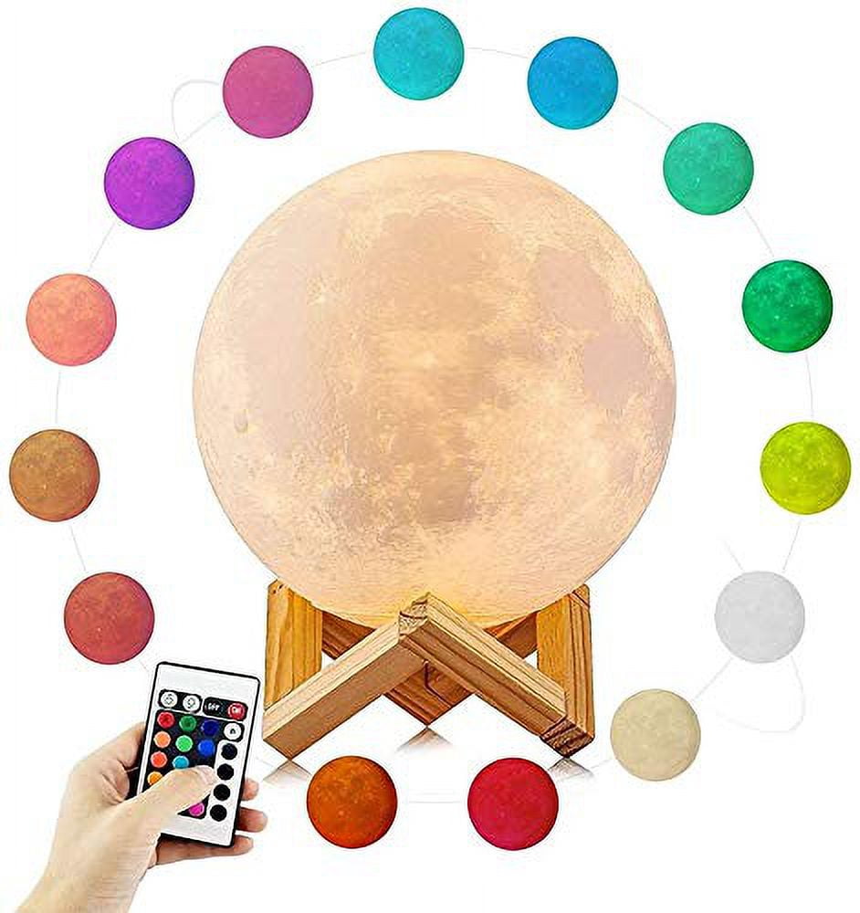 3D Printed Rechargeable Moon Lamp with Touch Control Adjust Brightness Light with Wooden Stand for Home Decoration