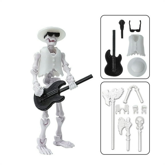3D Printed Rock Skeleton Man Articulated Doll, 3 Colors with Guitar Accessories for Desktop Decor, Stress Relief, Collection, and Easter Gift,3PCS
