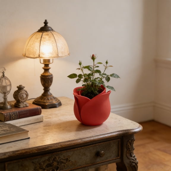 3D Printed Rose Shaped Small Plant Pot - Red PLA Succulent Planter, Mini Flower Container for Desk & Home Decor