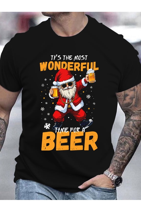 3D Printed Santa Claus T-Shirt, Men's Casual Crew Neck Short Sleeve T-Shirt, Polyester Knit Fabric, Holiday Theme Top, Suitable for Adults - Summer Season
