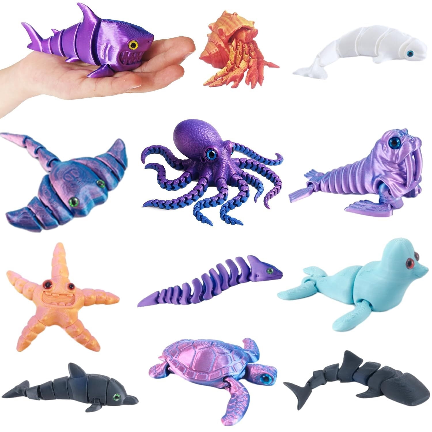 3D Printed Sea Animals  Larger Articulated Fidget for - Flexible Ocean Creatures for Birthday Party Favors Goodie Bags Desk Decor- Fun Educational Gift