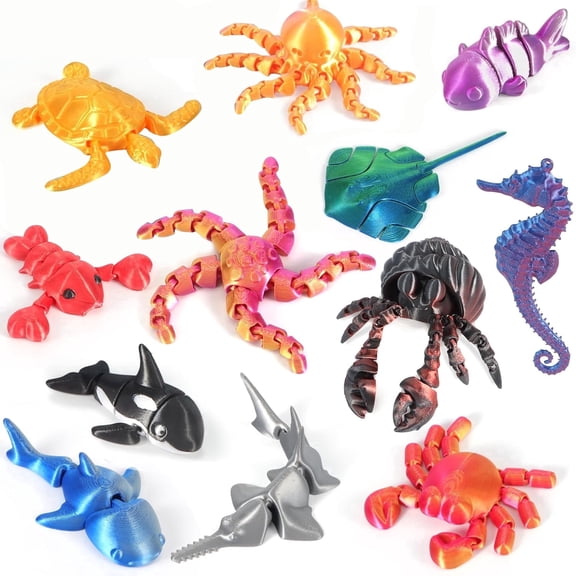 3D Printed Sea Animals Set for Kids, Flexible Articulated Fidget for Home Decoration,Party Favor Gifts (12 Pack)