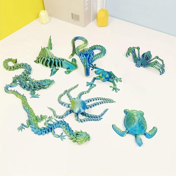 3D Printed Sea Creatures And Dragons Sculpture Set , 9-Piece Decorative Figurines, Blue-Green Gradient