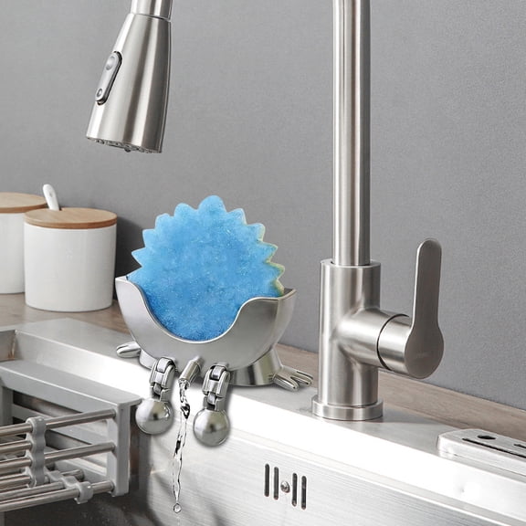 3D Printed Sink Draining Sponge Holder, Cute Hanging Sponge Holder with Drainage, Keeps Your Sponge Dry & Smiling, Funny Sponge Stand for Kitchen Sink, Countertop Sponge Holders (Silver)