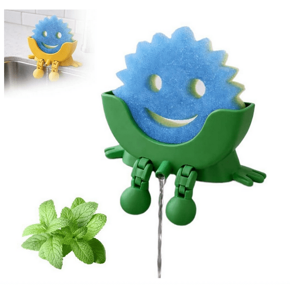3D Printed Sink Draining Sponge Holder, Cute Hanging Sponge Holder with Drainage, Keeps Your Sponge Dry & Smiling, Funny Sponge Stand for Kitchen Sink, Countertop Sponge Holders - (Green)