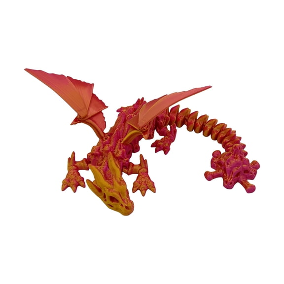 3D Printed Skeleton Dragon Movable Articulated Figurine Laser Gold Red Finish - Unique Home Decor Office Desk Sculpture Collectible Gift