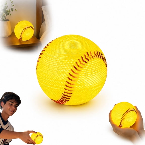 3D Printed Softball LED Night Light, Warm White Glow Sports Themed Bedside Lamp, White & Yellow Bedroom Decor Gift for Softball Players & Sports Fans