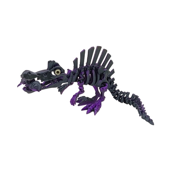 3D Printed Spinosaurus Skeleton Toy with Movable Joints and Realistic Eyes - Large 12 Inch Laser Black Purple Dinosaur Figurine for Desk Decor and Stress Relief