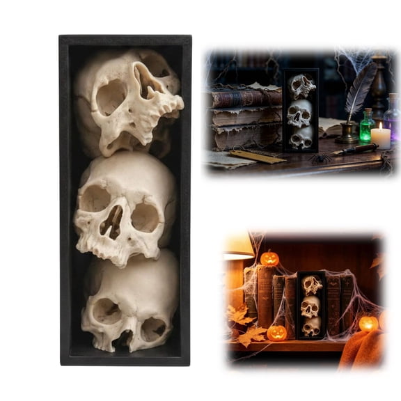 3D Printed Stacked Skulls Book Nook Bookshelf Insert with Black Frame, Gothic Dark Academia Resin Spooky Decor, 2 Pcs, 7.09 In